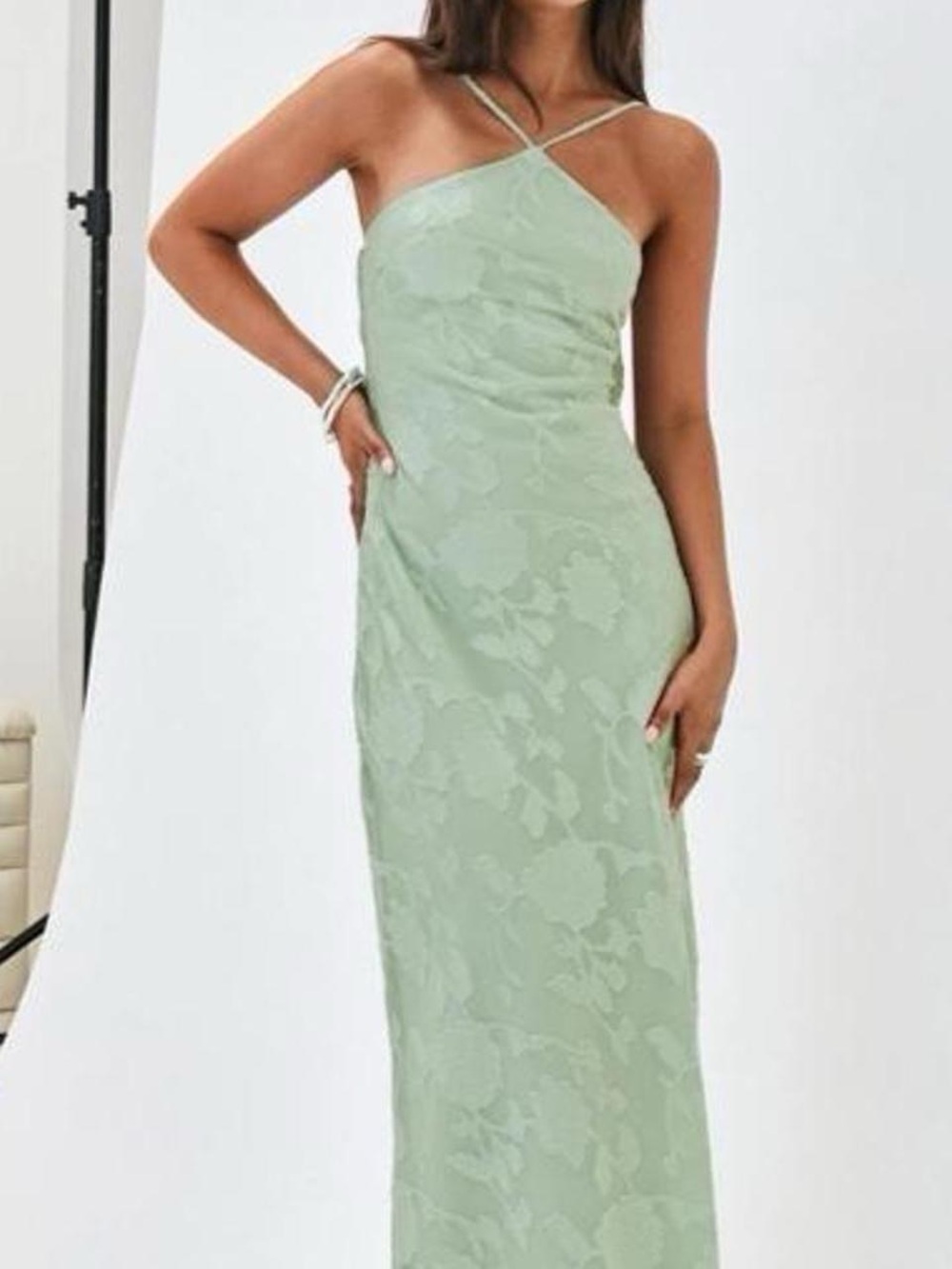 Princess Polly Sage Green Floral Jacquard Cross-Strap Maxi Dress
